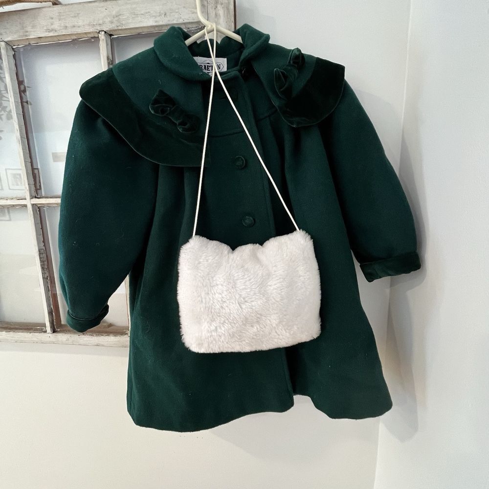 Vintage Wool‎ Braetan Emerald Green Velvet Bow Parka Pea Coat Size 6 Hand Muff